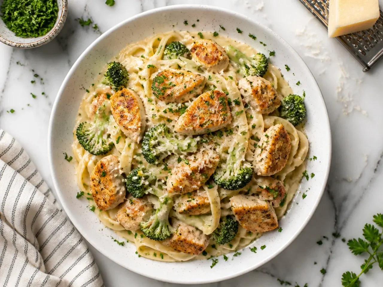 Air fryer basket of golden chicken chunks for chicken broccoli alfredo