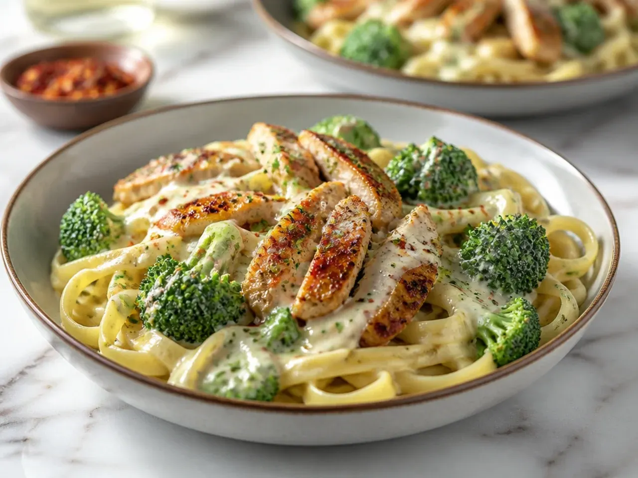 Spicy Cajun blackened chicken sliced over broccoli alfredo pasta