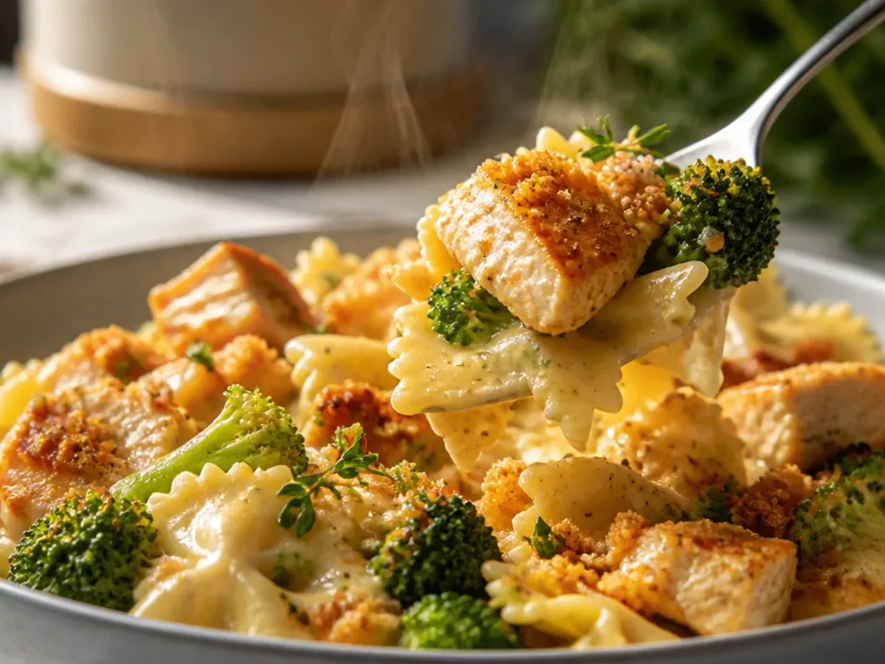 Lemon garlic chicken broccoli alfredo garnished with lemon zest and wedges