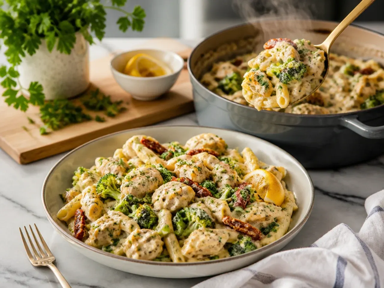 Chicken broccoli alfredo pasta with sun-dried tomatoes and wilted spinach
