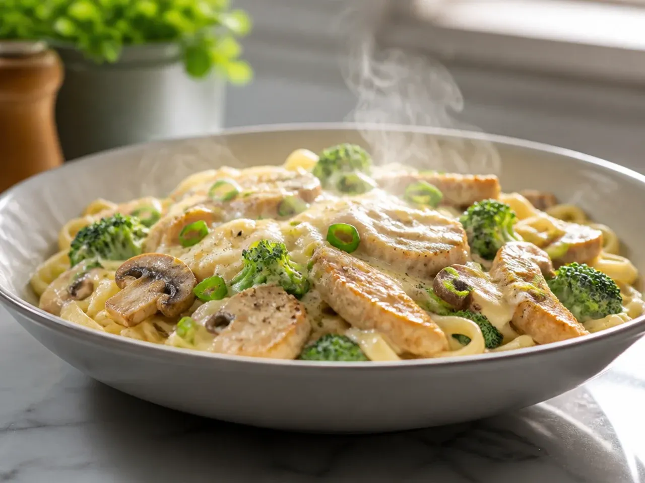 Sautéed mushrooms folded into creamy chicken broccoli alfredo
