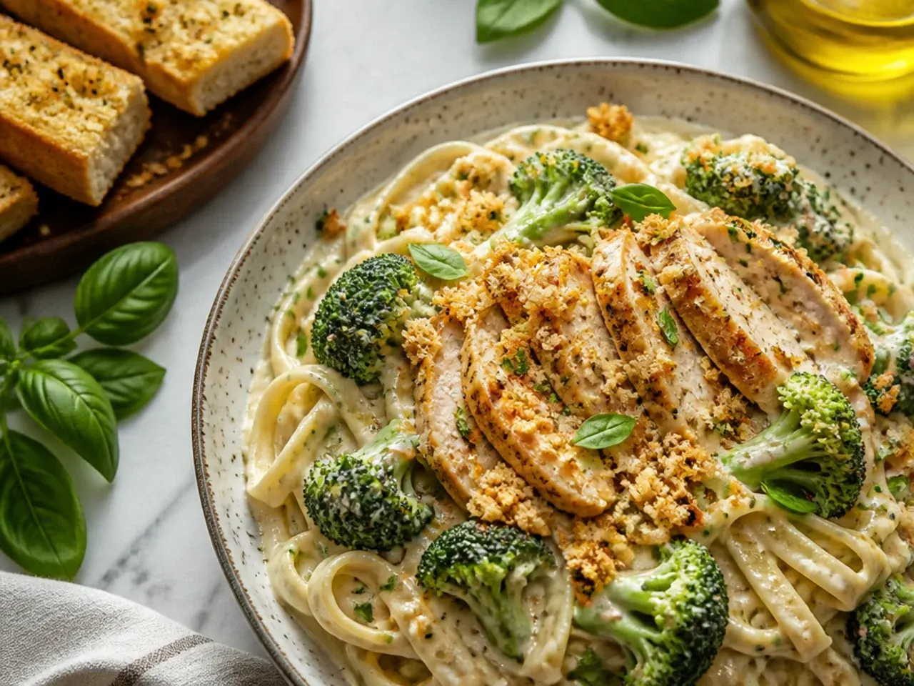 Smoked gouda melting into chicken broccoli alfredo sauce in a pan