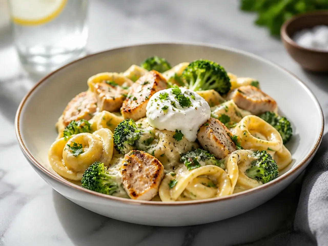 Bowl of cheese tortellini chicken broccoli alfredo with broccoli florets