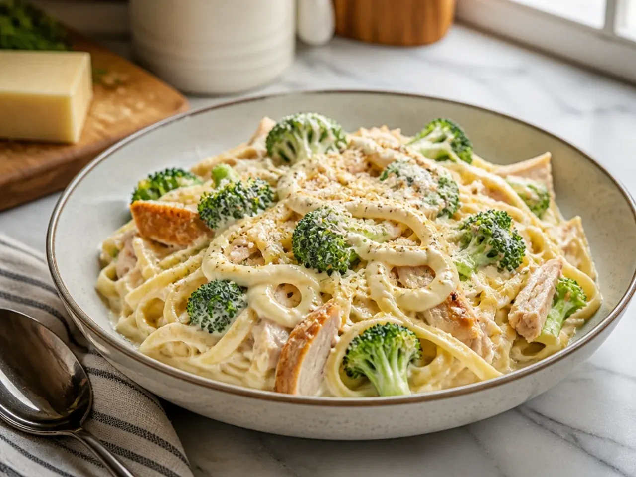 Shredded rotisserie chicken being stirred into broccoli alfredo pasta