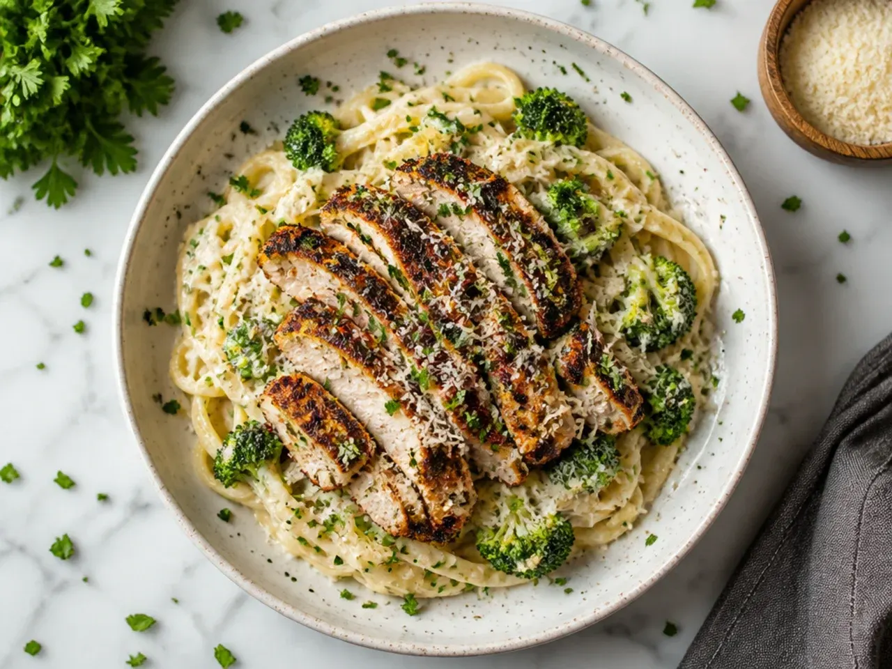 Sliced blackened chicken fanned over broccoli alfredo pasta