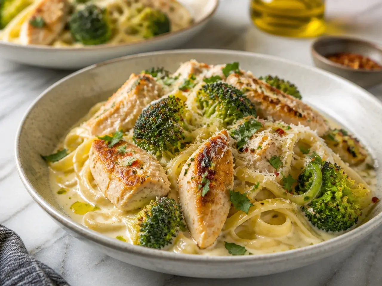 Tray of roasted broccoli florets with charred edges beside chicken alfredo pasta