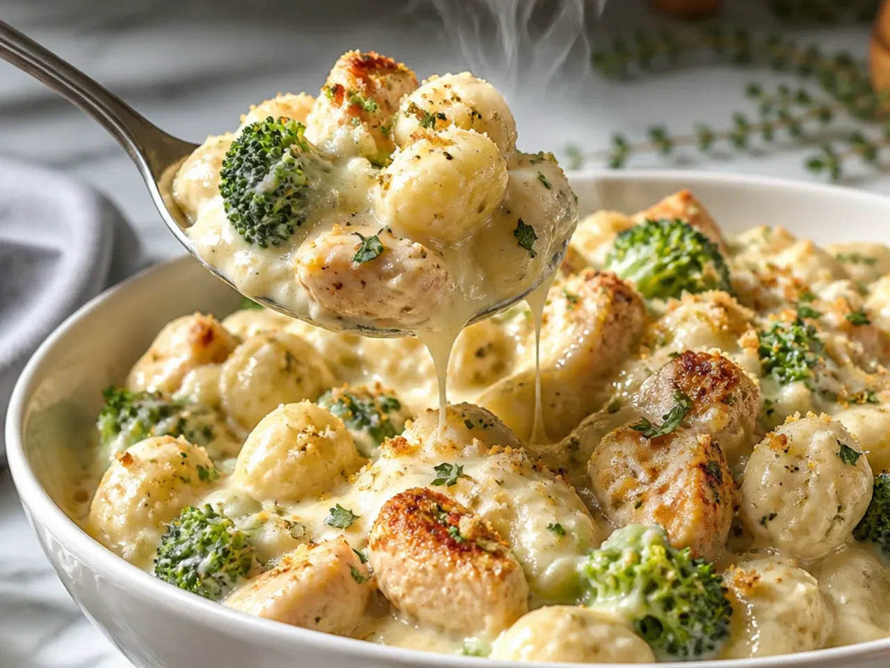 Pillowy potato gnocchi coated in chicken broccoli alfredo sauce