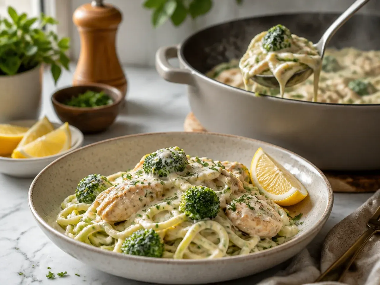 Zucchini noodles tossed in creamy chicken broccoli alfredo sauce