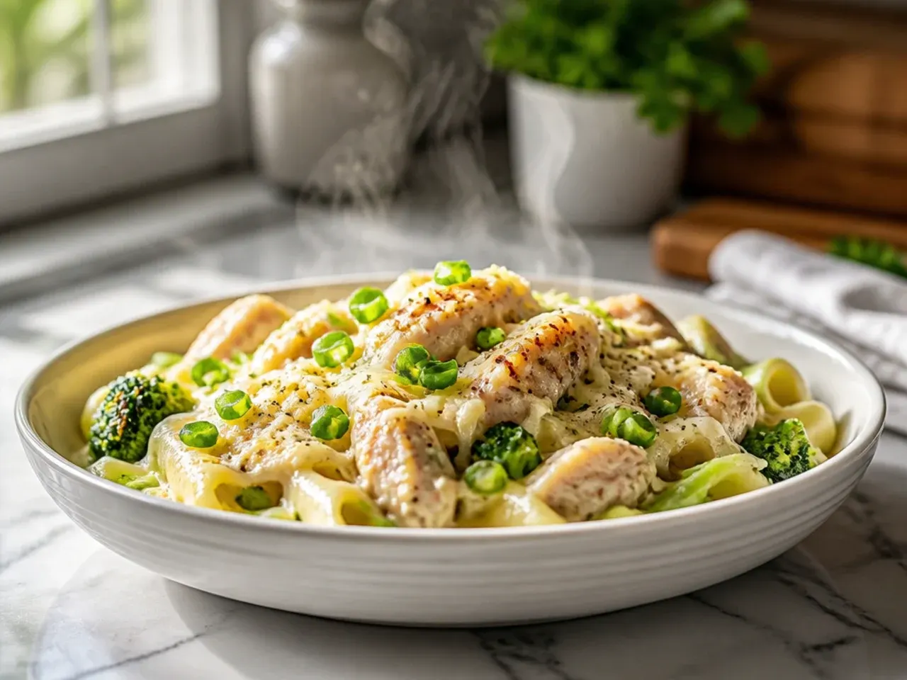 Sheet pan of roasted chicken thighs and broccoli ready to toss with alfredo pasta