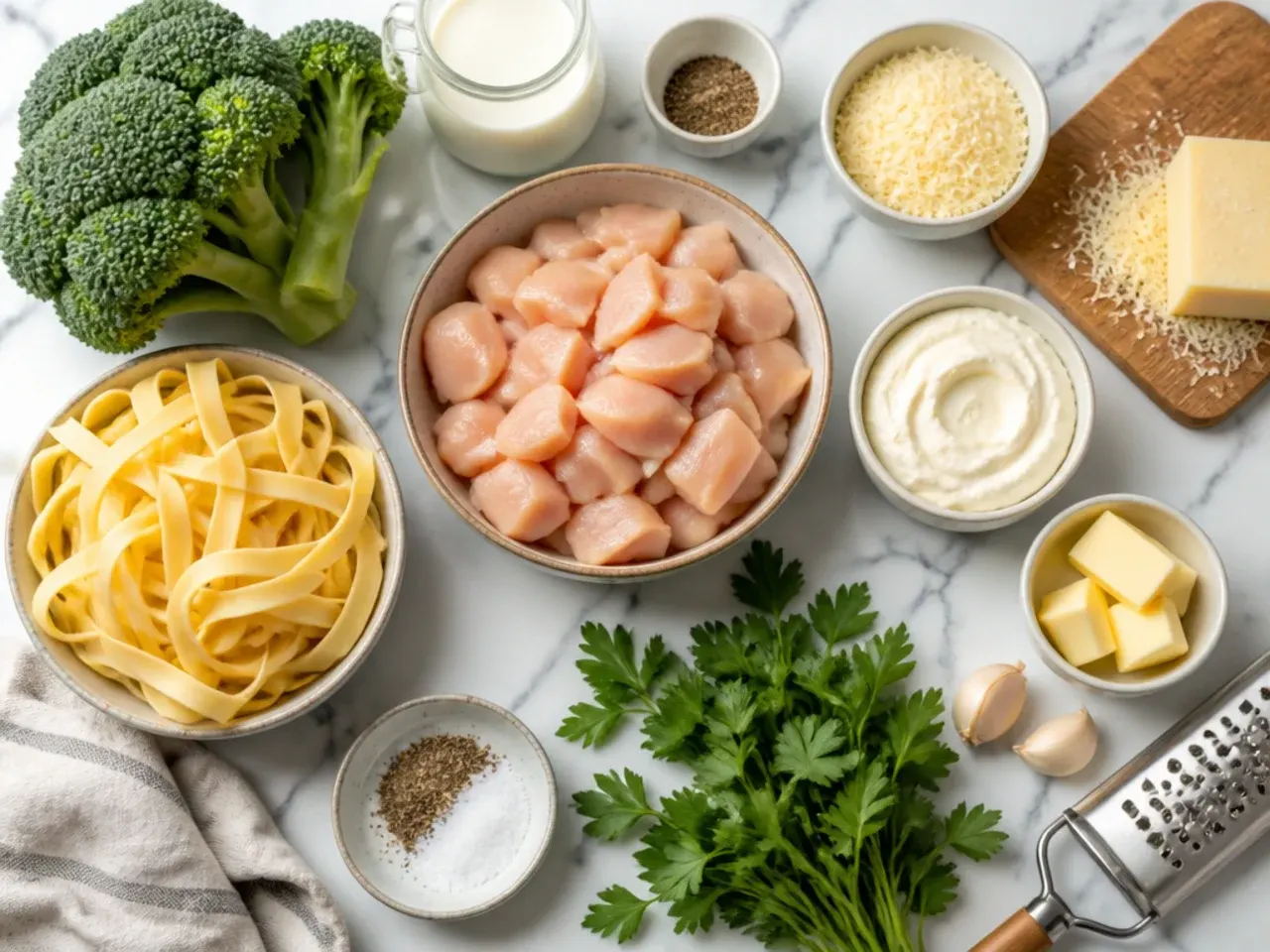 Close-up of parmesan being grated fresh over chicken broccoli alfredo