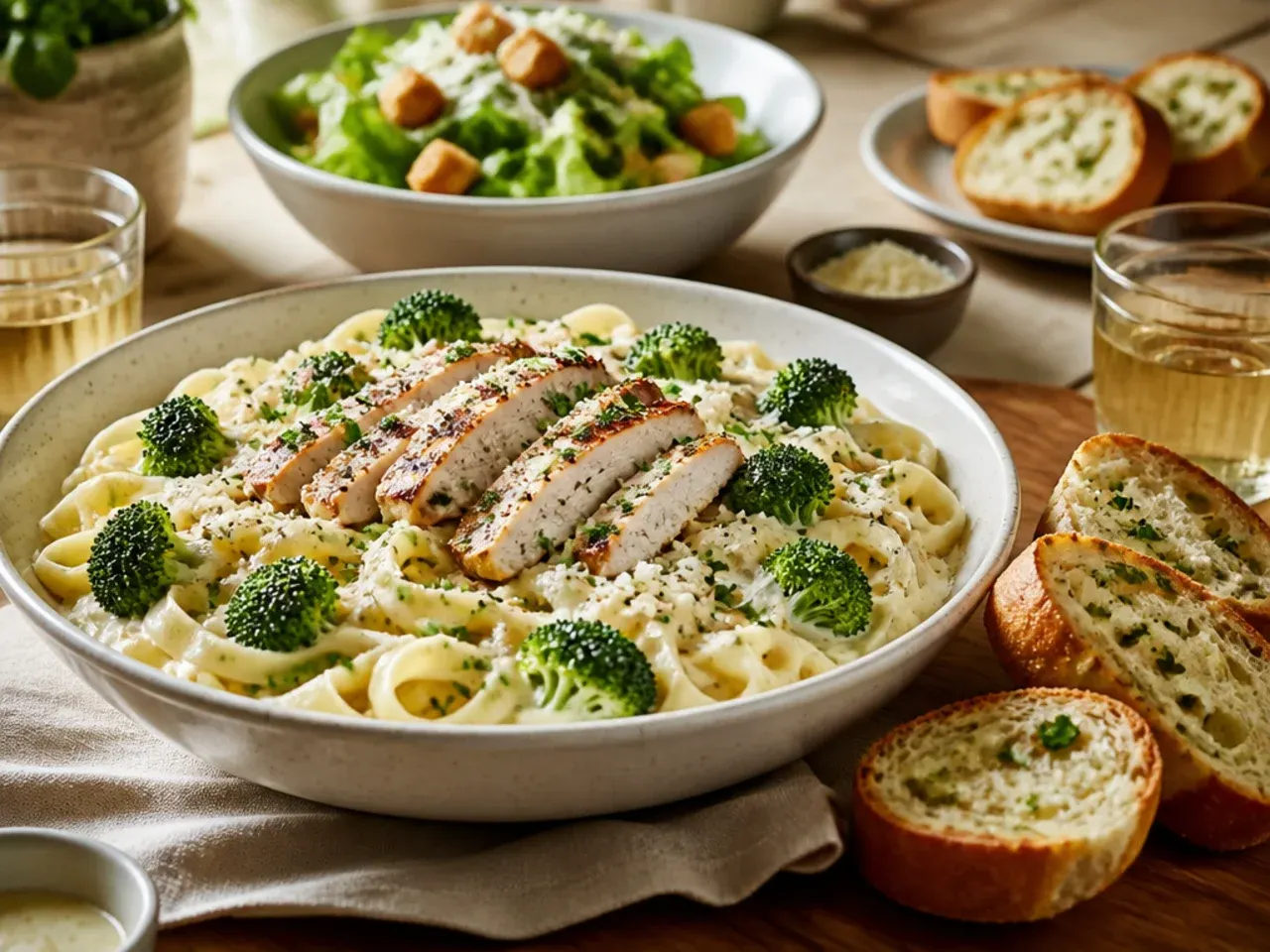 Chicken broccoli alfredo served with garlic bread and a green salad on the side