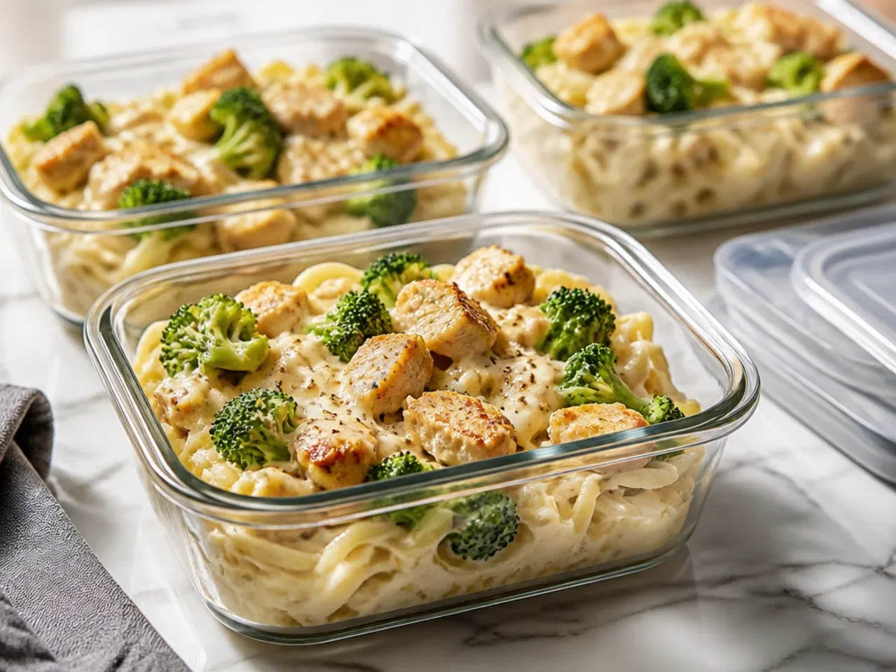 Airtight container of leftover chicken broccoli alfredo ready for the fridge