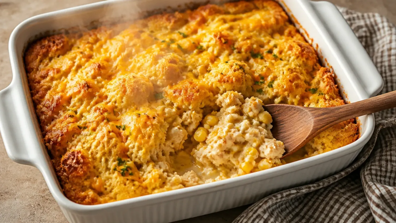 Golden baked chicken cornbread casserole in a white dish with a cheesy corn layer visible beneath the cracked cornbread crust