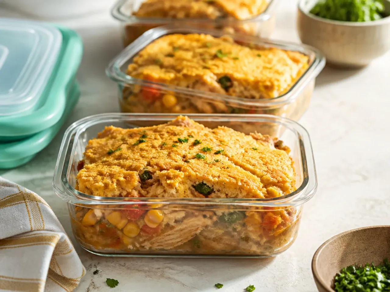 Slices of chicken cornbread casserole stored in a glass airtight container ready for the fridge