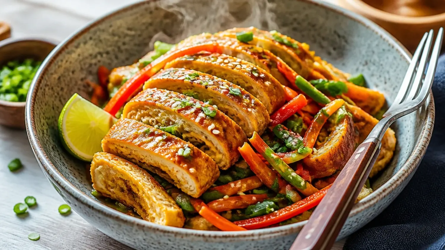 A bowl of chicken egg roll in a bowl topped with sesame seeds and spring onions, chopsticks resting on the side