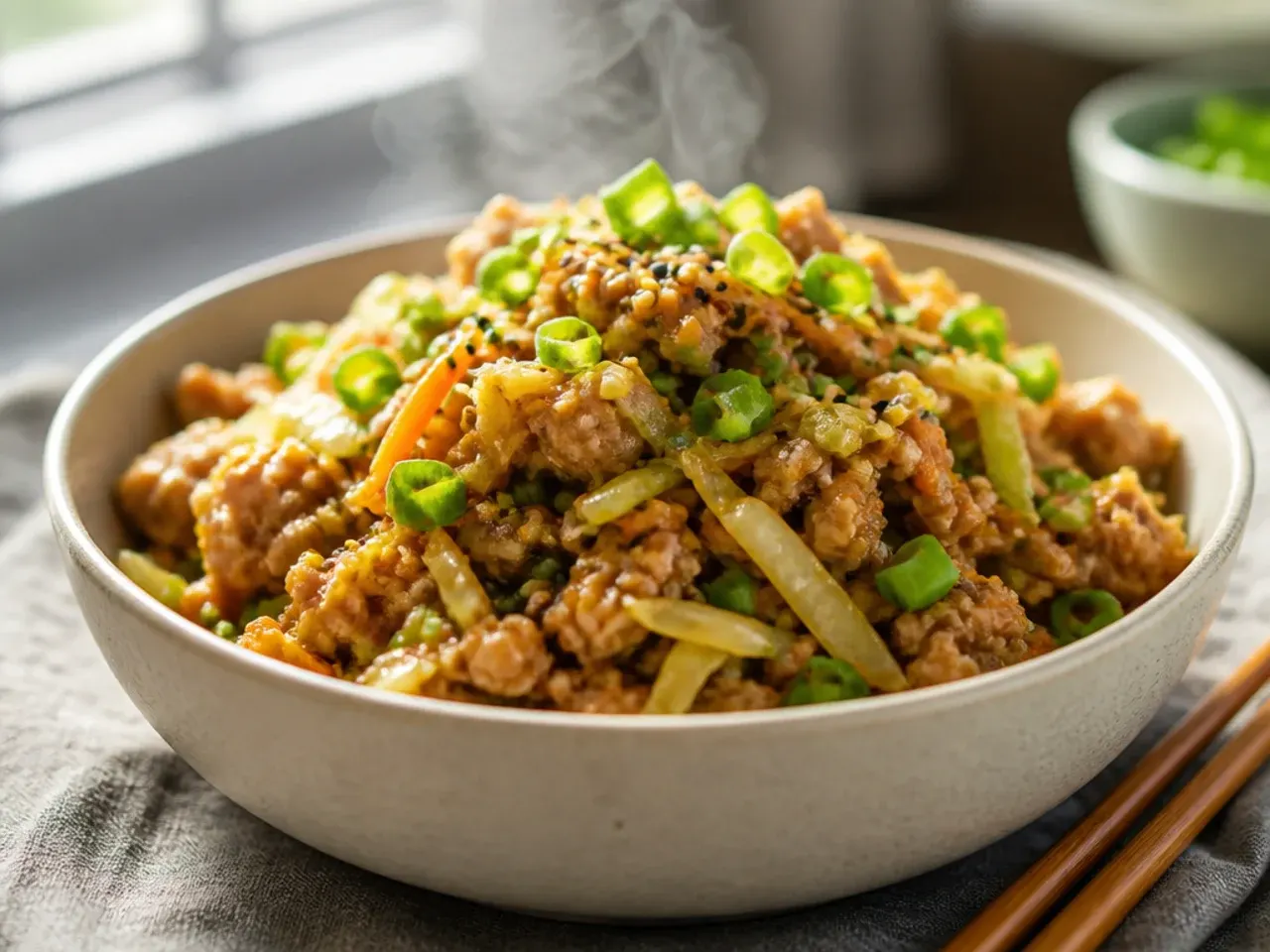 Overhead shot of a skillet full of chicken egg roll in a bowl mixture with cabbage and ground chicken