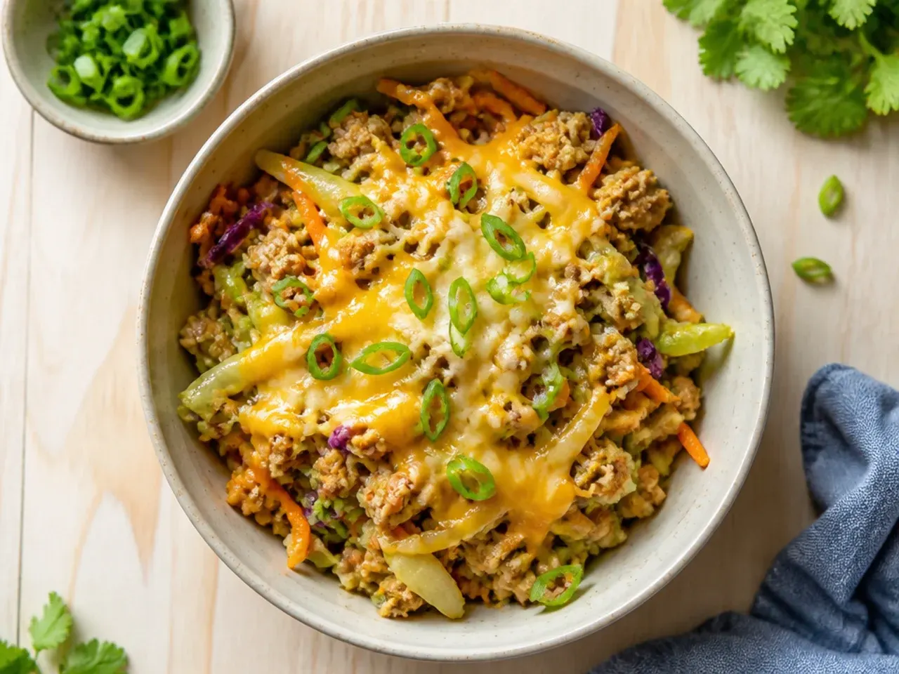 Close-up of classic chicken egg roll in a bowl in a skillet with sesame seeds and spring onion