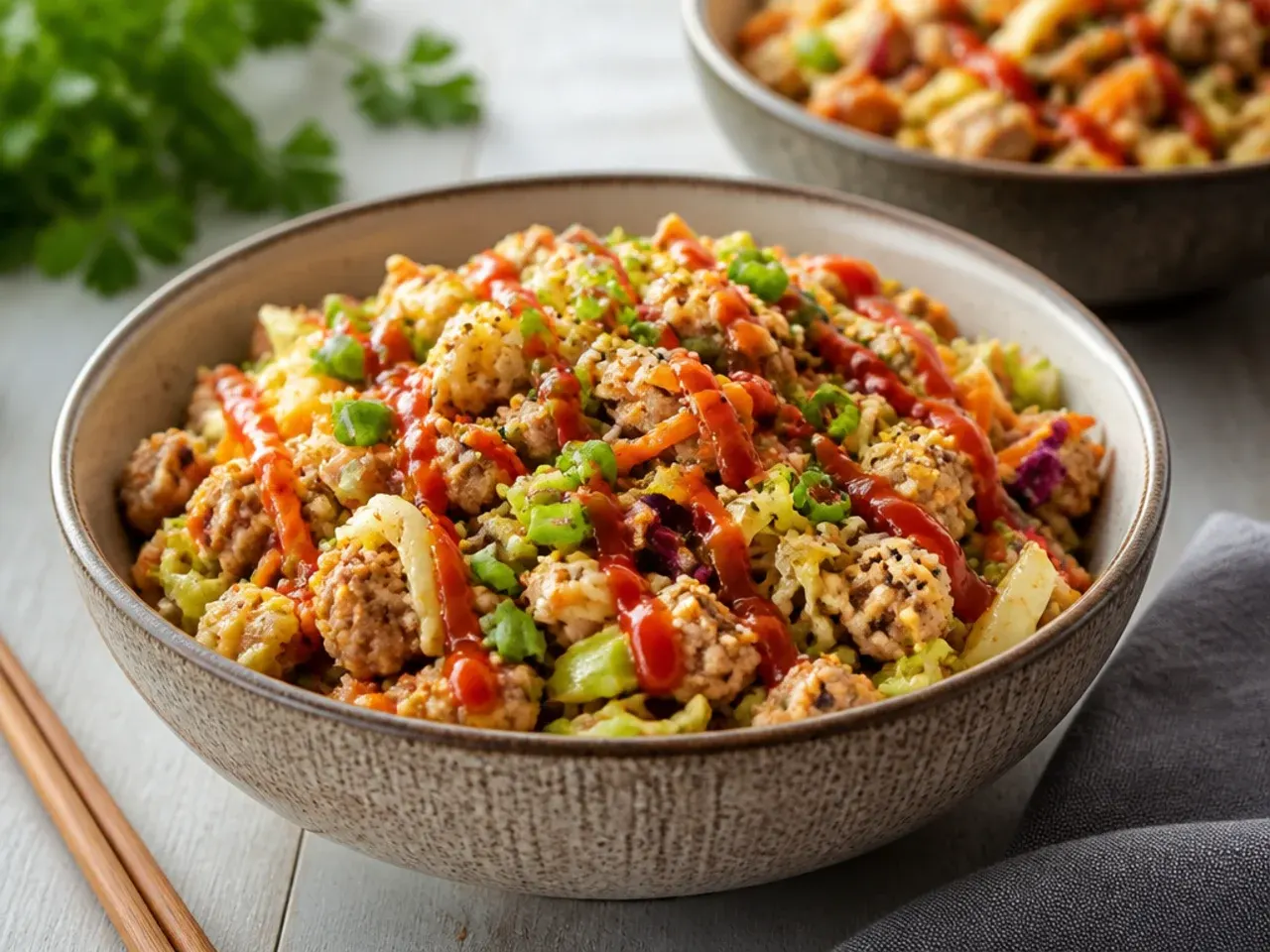Simple one-skillet chicken egg roll in a bowl with minimal garnish