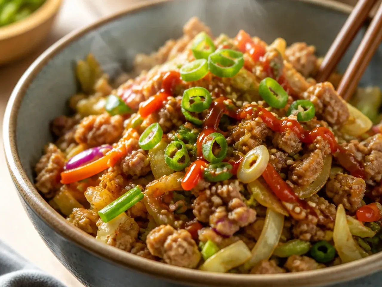 Cozy bowl of chicken egg roll in a bowl served over rice with a fried egg on top