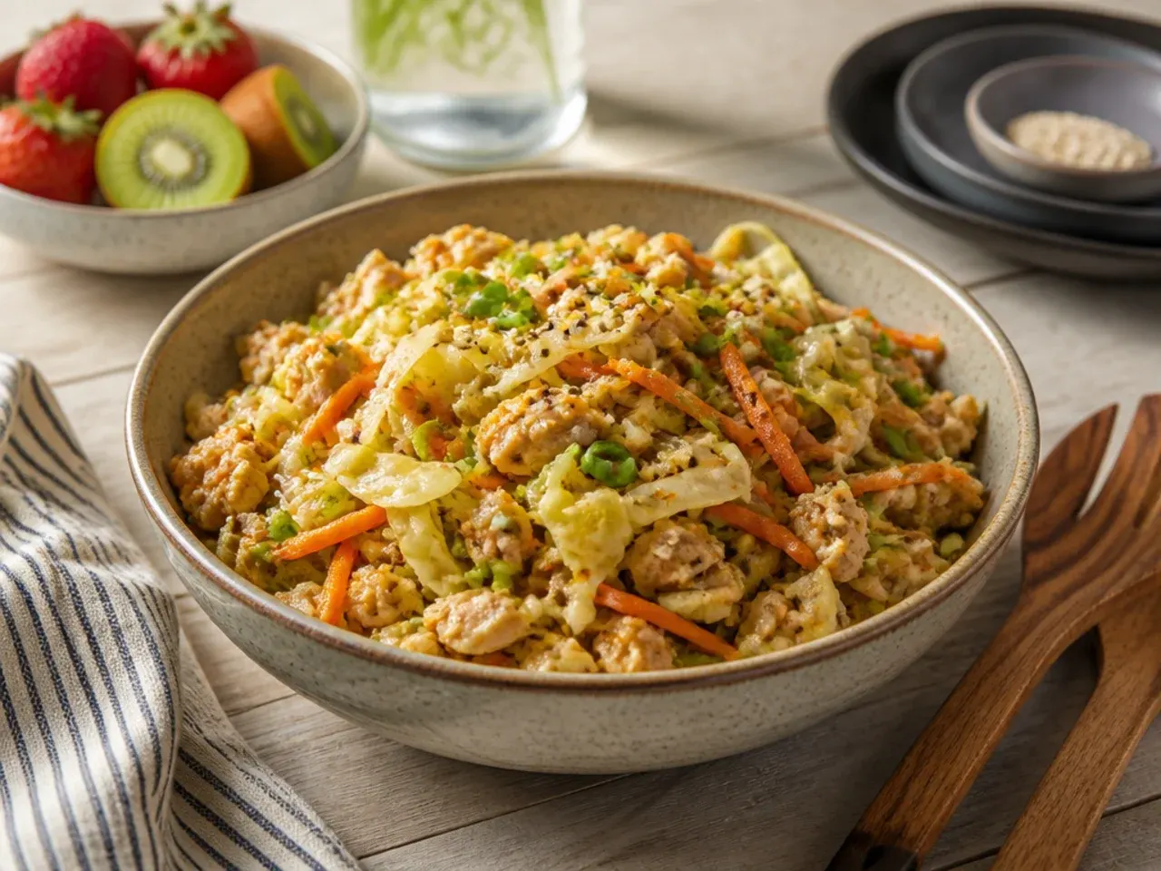 Plain simple chicken egg roll in a bowl with minimal seasoning in a white bowl