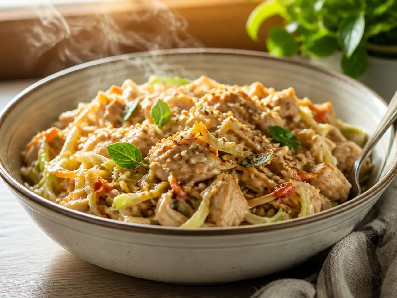 Creamy chicken egg roll in a bowl with a glossy sauce coating the cabbage