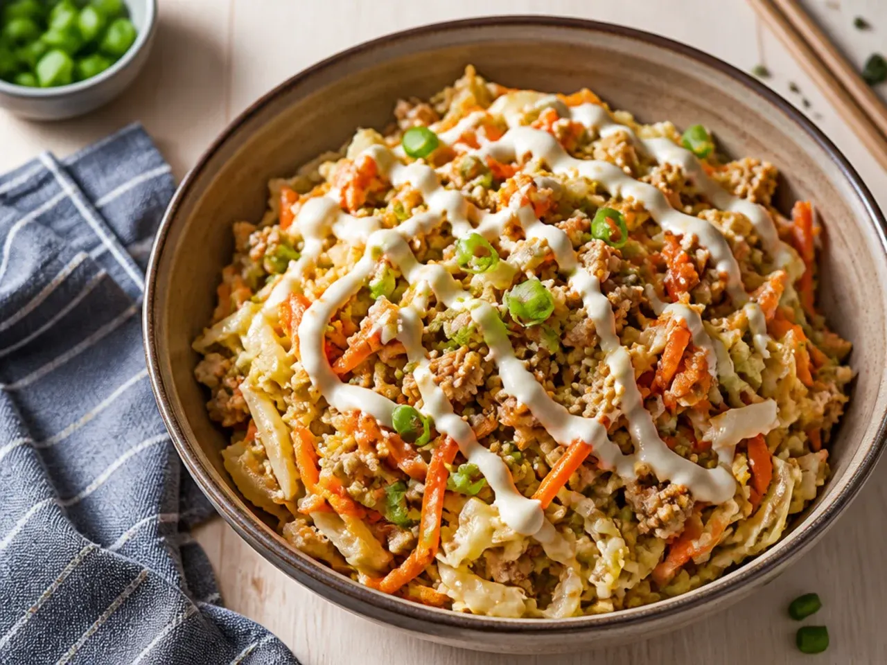 Loaded chicken egg roll in a bowl piled high with extra vegetables and crushed peanuts