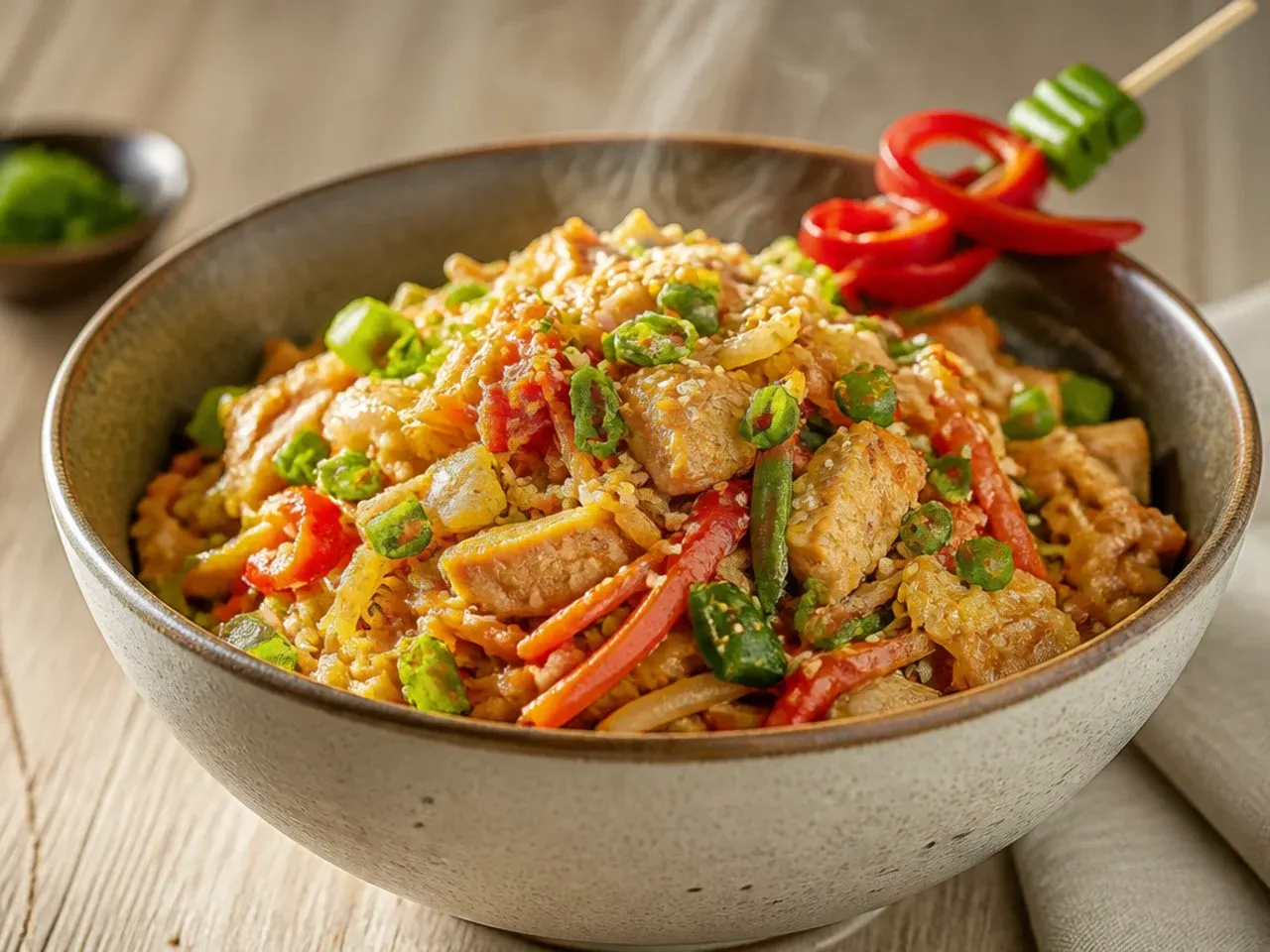 Best-ever chicken egg roll in a bowl with deeply browned chicken and glossy sauce