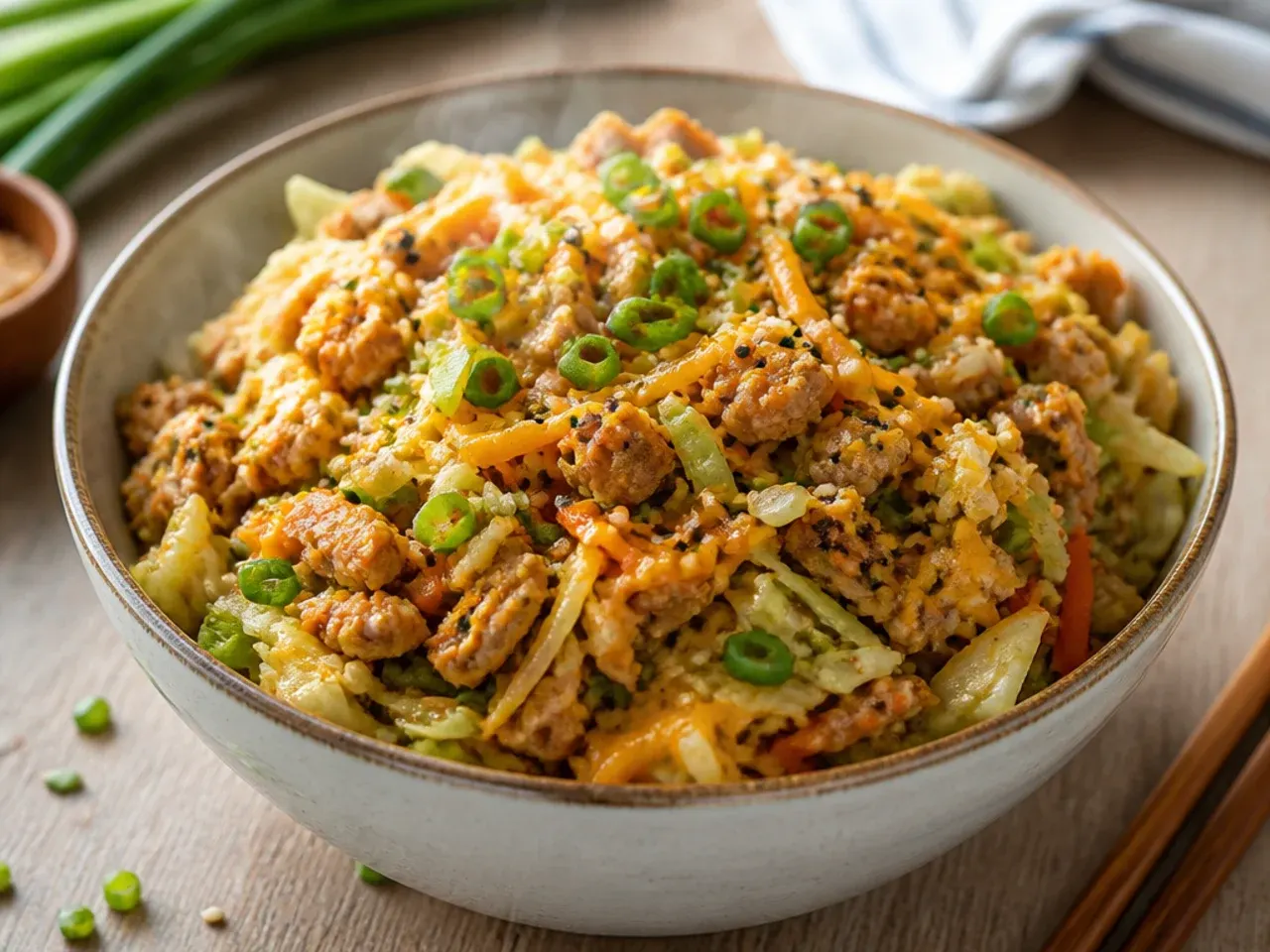 Cheesy chicken egg roll in a bowl with melted cheese stirred through