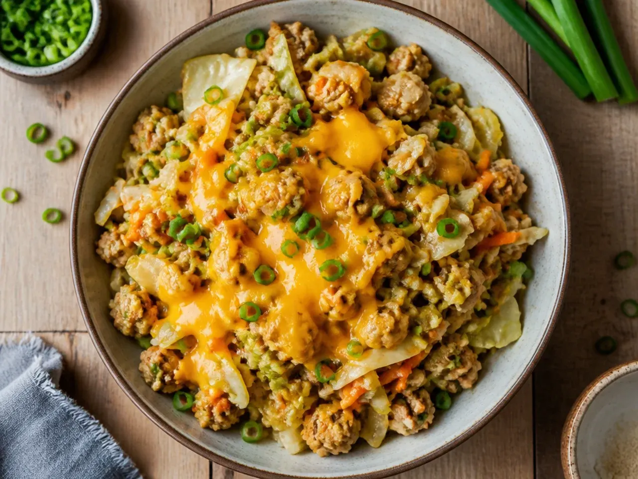 Budget-friendly chicken egg roll in a bowl made with hand-shredded cabbage