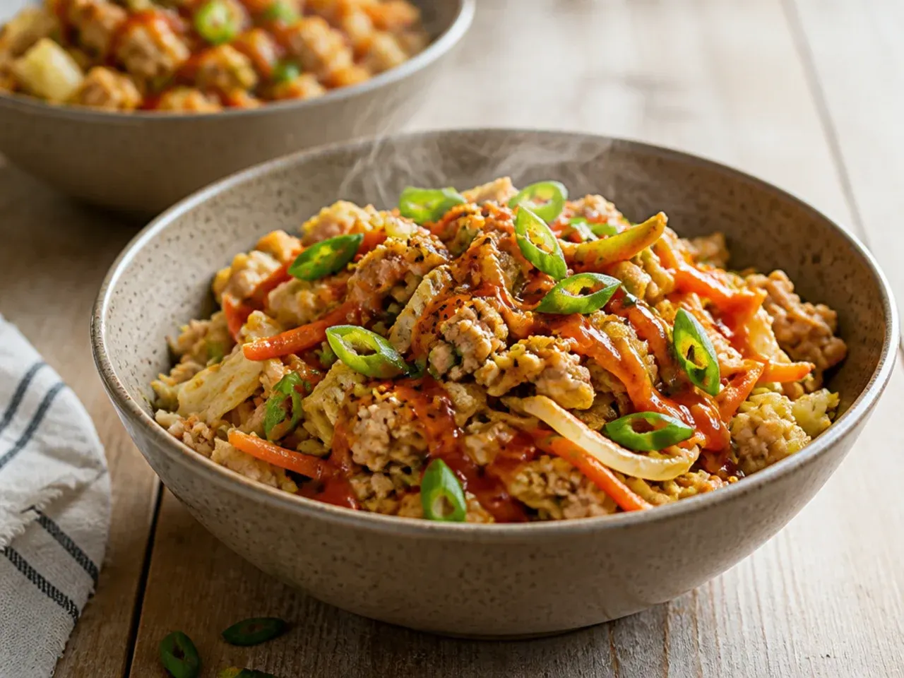 Large batch of chicken egg roll in a bowl in a big skillet ready to serve a crowd