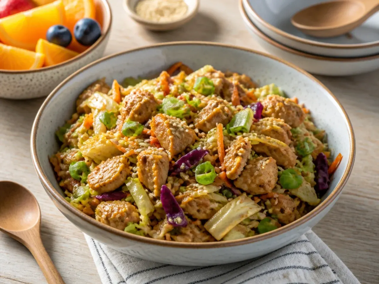 Family-style chicken egg roll in a bowl served over rice in a large serving dish
