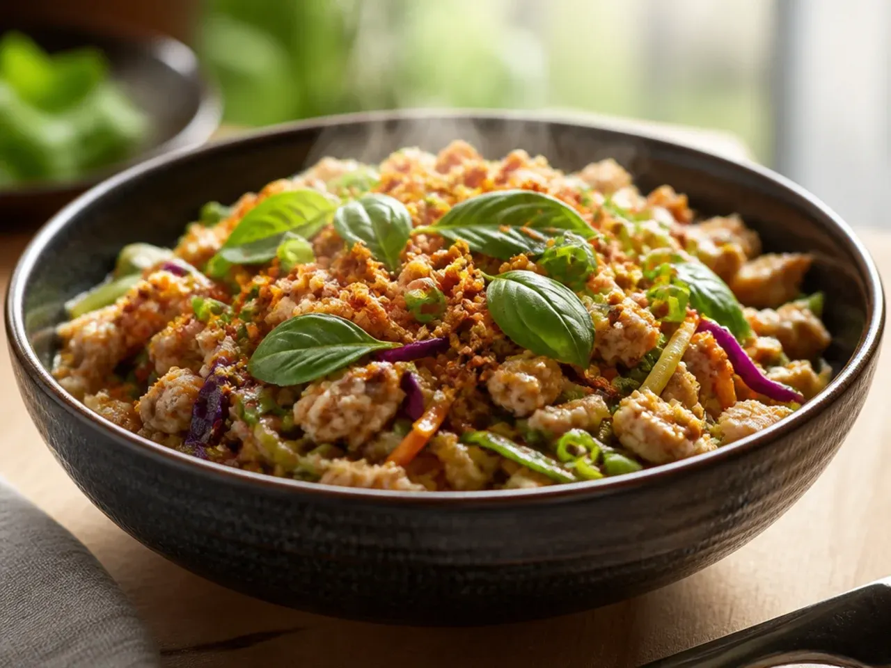 Festive chicken egg roll in a bowl garnished with pomegranate seeds and red pepper for a holiday table