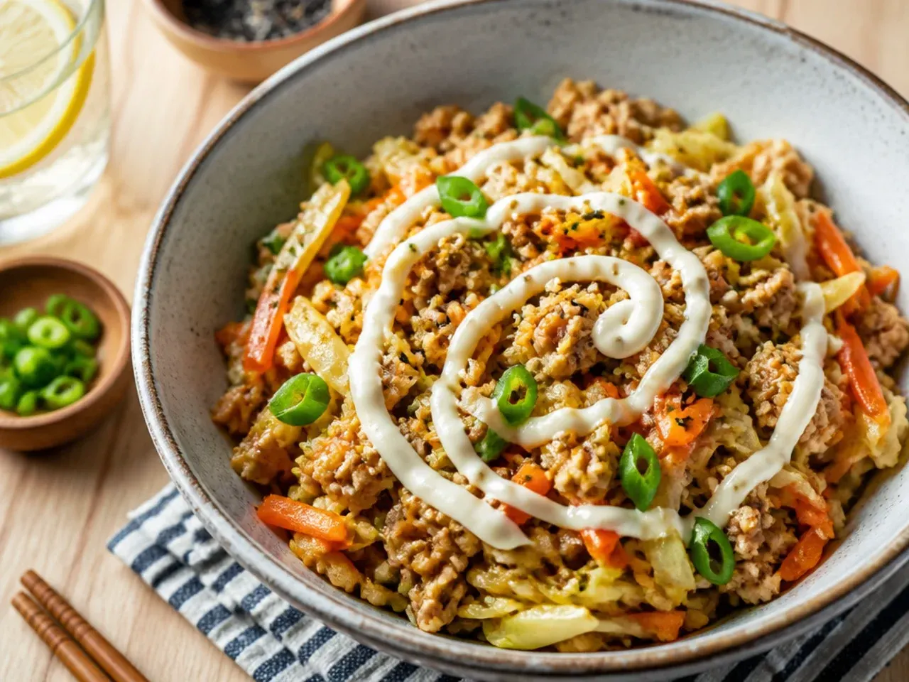 Quick chicken egg roll in a bowl ready in fifteen minutes in a single pan