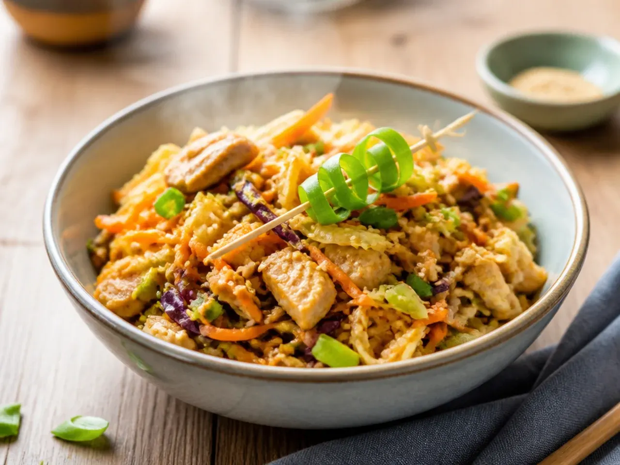 Homemade chicken egg roll in a bowl with a scratch-made glossy sauce