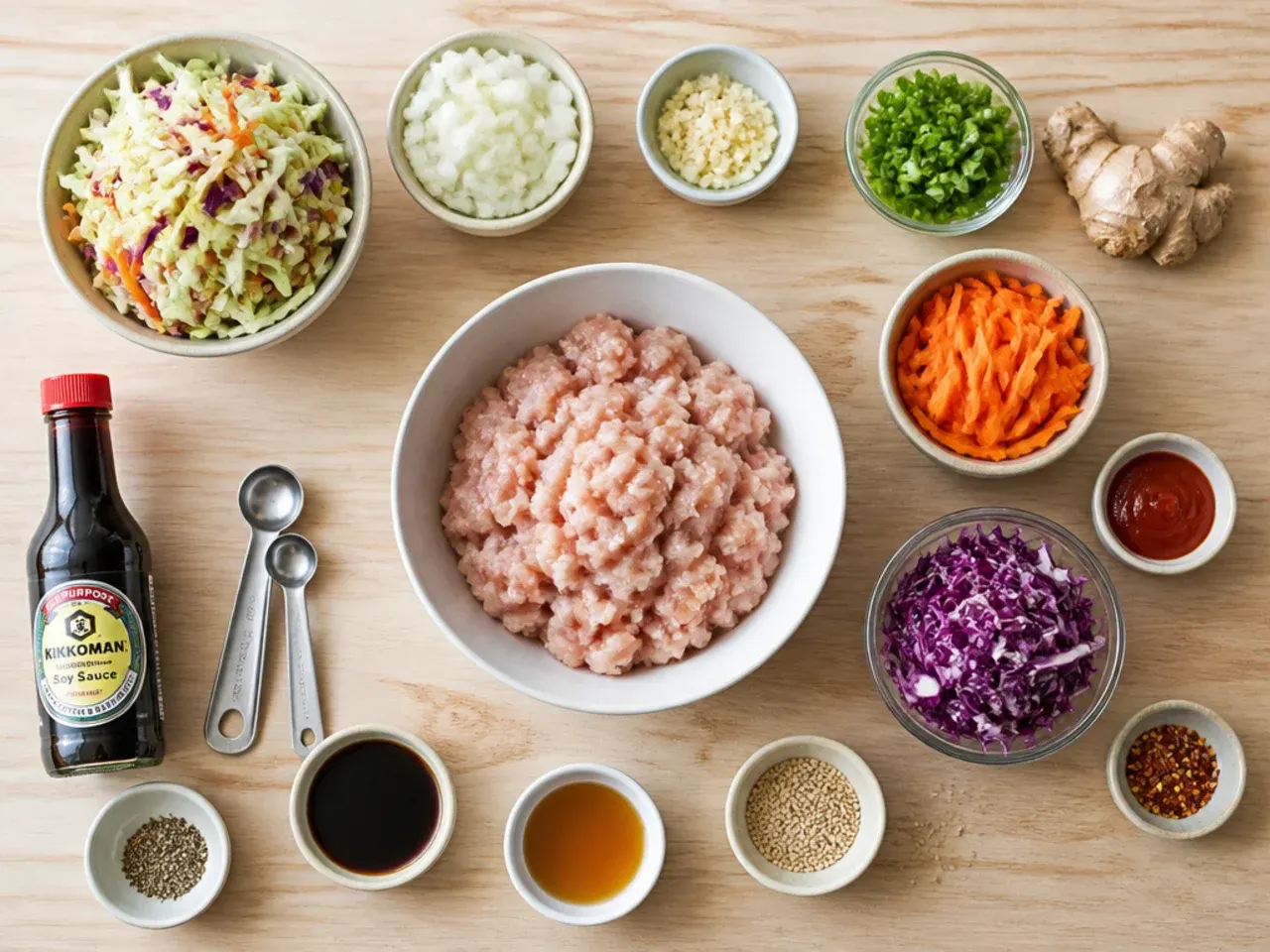 Close-up of a skillet showing perfectly browned ground chicken with cabbage being stirred in