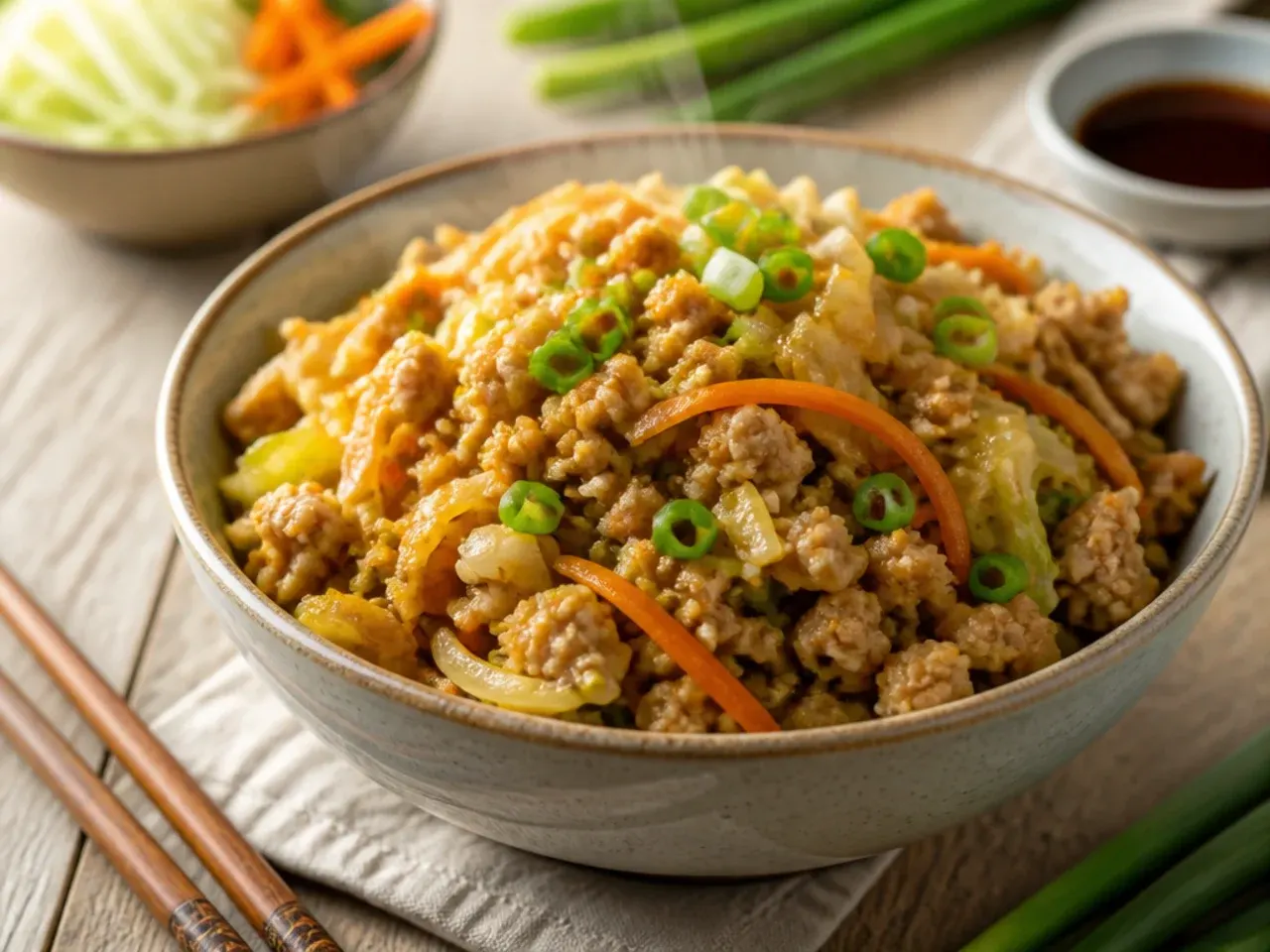 Chicken egg roll in a bowl served with rice, cucumber salad and lime wedges on the side