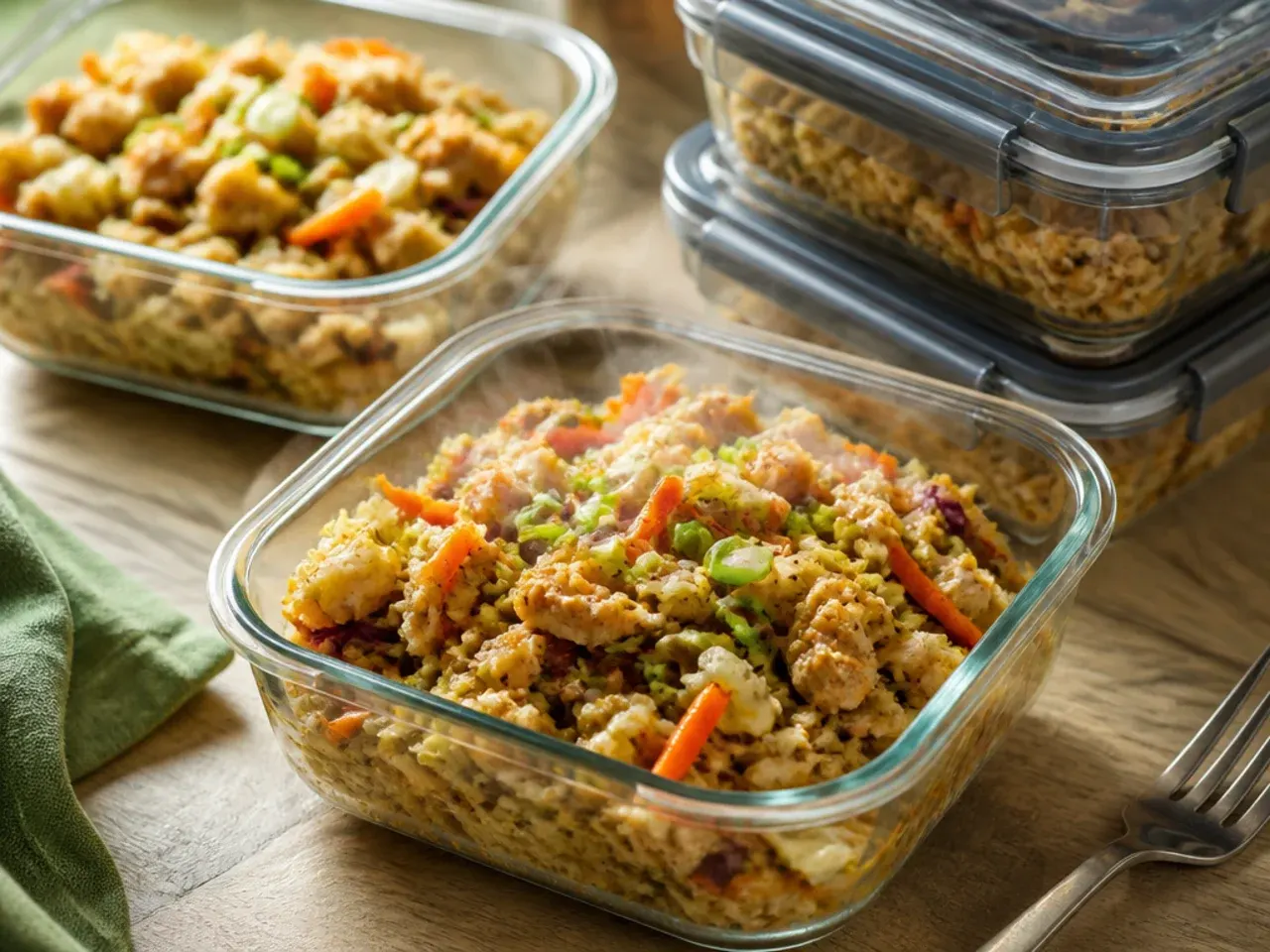 Airtight container of chicken egg roll in a bowl leftovers ready for the fridge