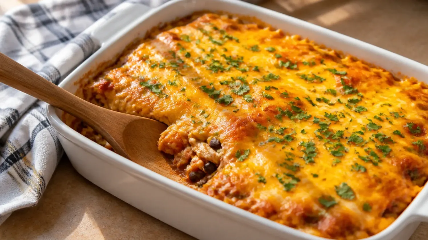 A bubbling chicken enchilada casserole in a baking dish, topped with melted cheese and fresh coriander, fresh out of the oven
