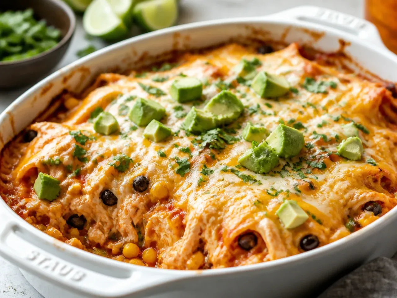 Overhead shot of a finished chicken enchilada casserole in a white baking dish surrounded by fresh toppings