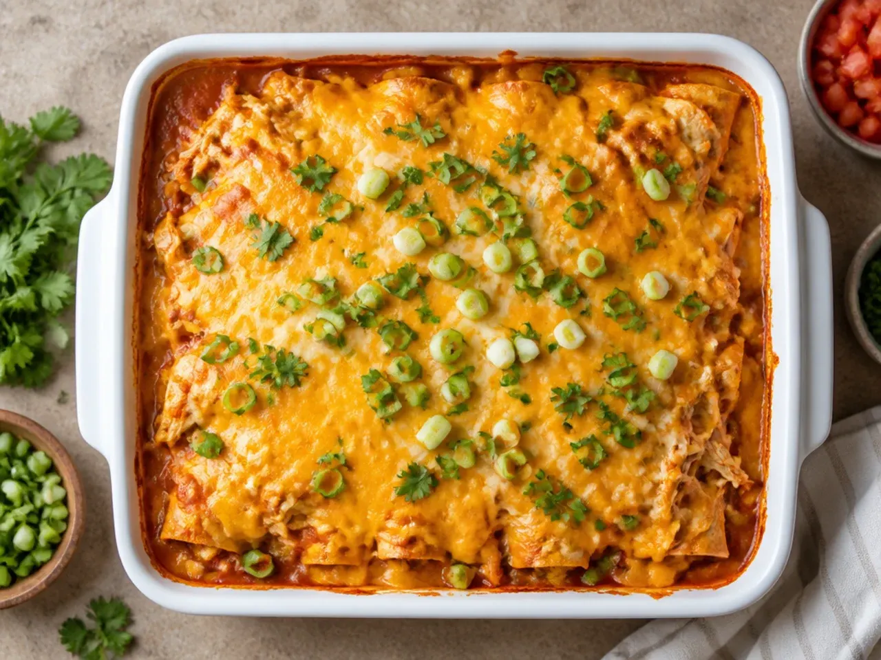 Close-up of classic red sauce chicken enchilada casserole with melted cheddar cheese
