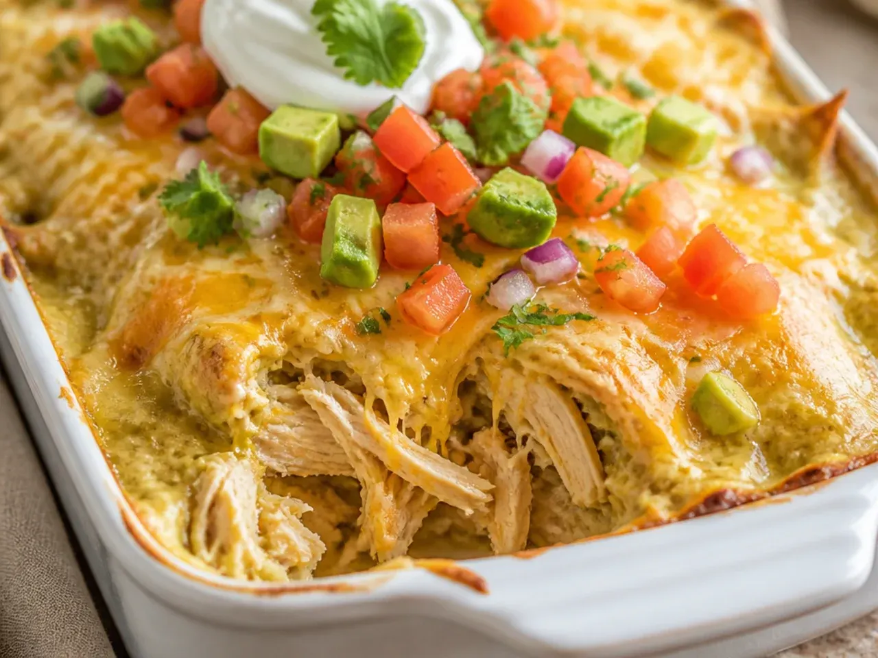 Green chile verde chicken enchilada casserole with visible tomatillo sauce and melted pepper jack