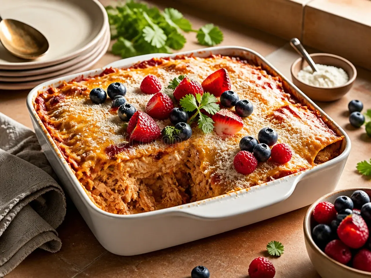 Simple five-ingredient chicken enchilada casserole assembled in a baking dish