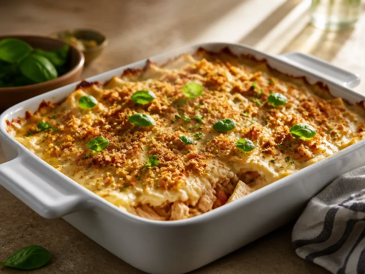 Creamy chicken enchilada casserole with a dollop of sour cream on top