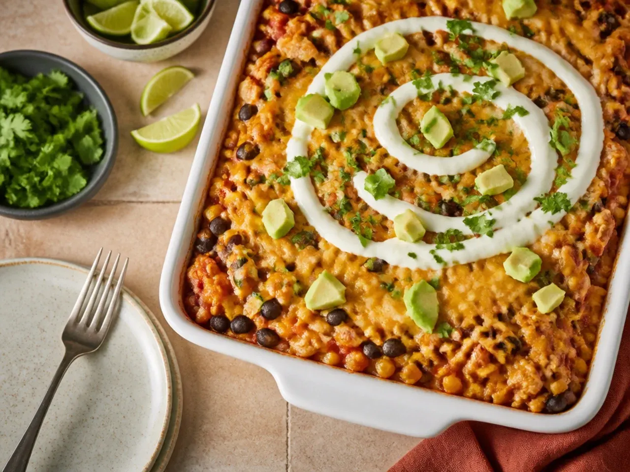 Loaded chicken enchilada casserole with visible black beans and sweetcorn