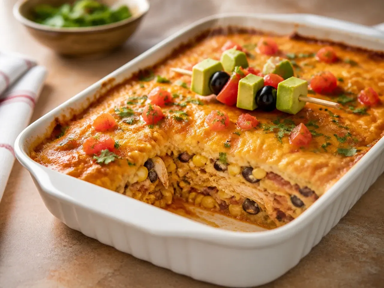 Cross-section slice of a triple-layered chicken enchilada casserole showing distinct layers