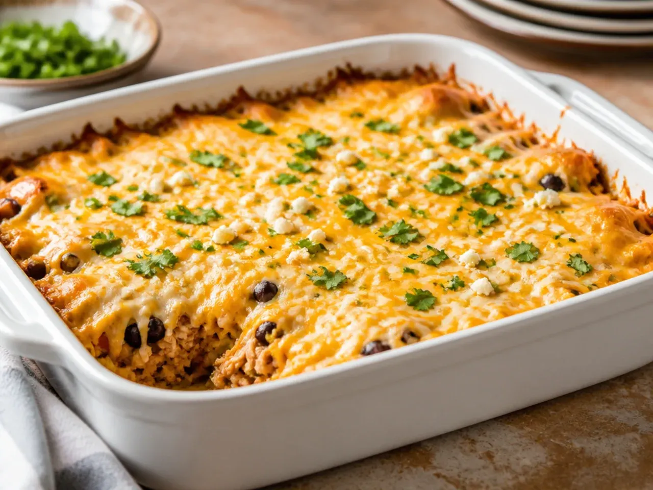 Chicken enchilada casserole topped with three types of melted and crumbled cheese