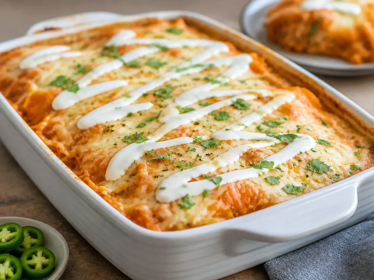 Large chicken enchilada casserole set out on a table with bowls of toppings for a party