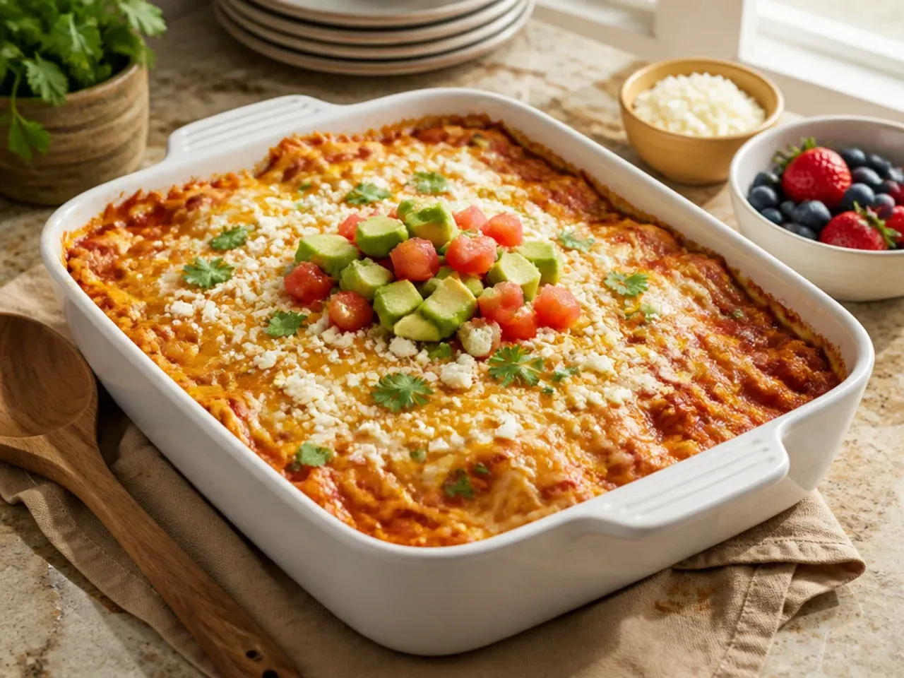 Mild family-style chicken enchilada casserole cut into small kid-friendly portions