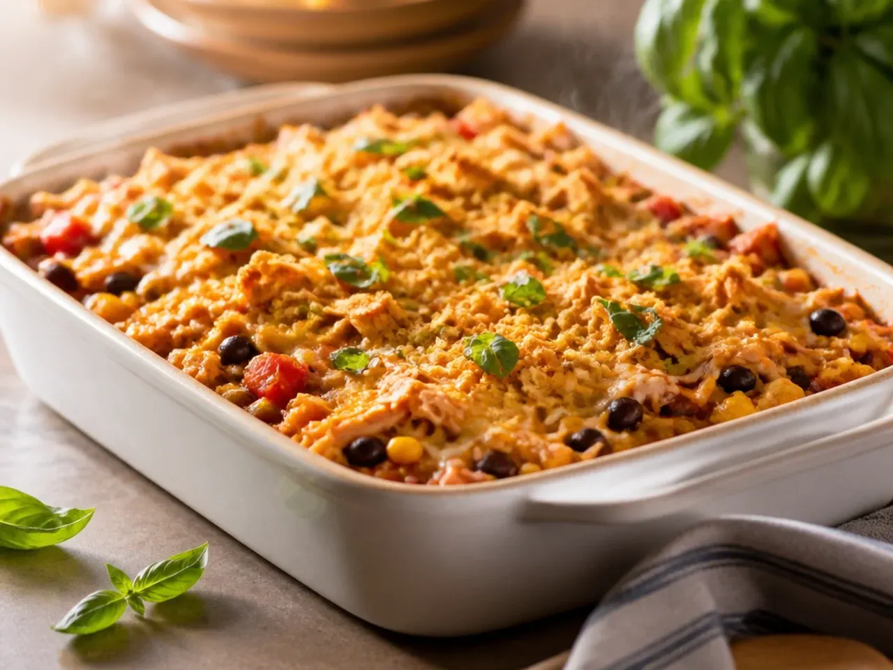 Colourful festive chicken enchilada casserole garnished with pomegranate seeds and coriander
