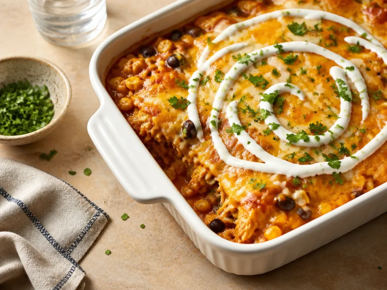 Chicken enchilada casserole baked and served directly from a cast iron skillet